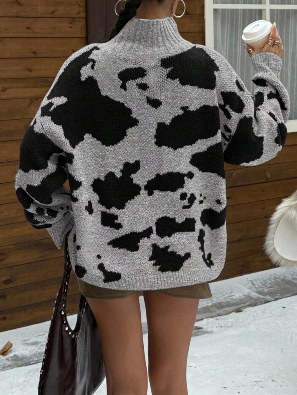 Slouchy Cow Print Gray Black Turtleneck Sweater Oversized Street Fall Winter, L - Picture 3 of 4